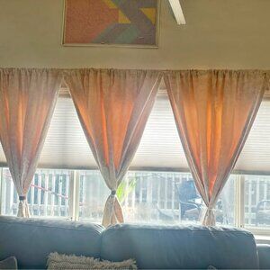 Custom 48W x 84L Peach & Cream Cotton Blend Paisley Leaf Motif Drapes. Set of 2